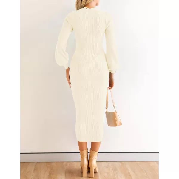 ZESICA Womens 2024 Square Neck Ribbed Knit Dress Puff Long Sleeve Slim Fit Bodycon Fall Winter Pullover Sweater DressIvory