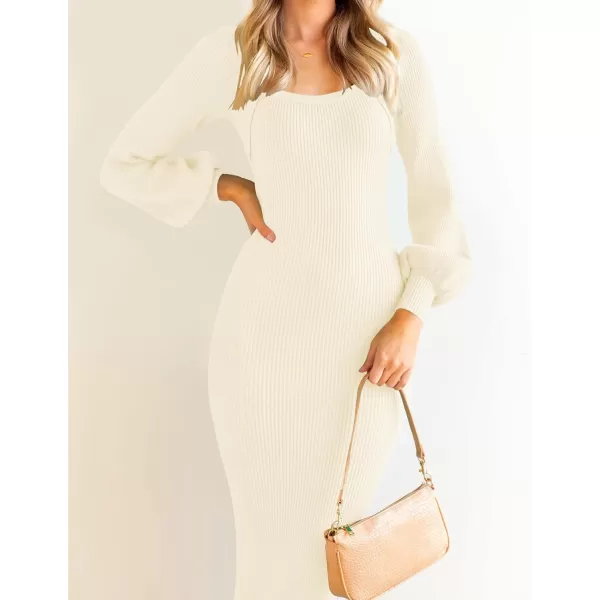 ZESICA Womens 2024 Square Neck Ribbed Knit Dress Puff Long Sleeve Slim Fit Bodycon Fall Winter Pullover Sweater DressIvory