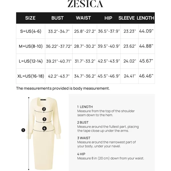 ZESICA Womens 2024 Square Neck Ribbed Knit Dress Puff Long Sleeve Slim Fit Bodycon Fall Winter Pullover Sweater DressIvory