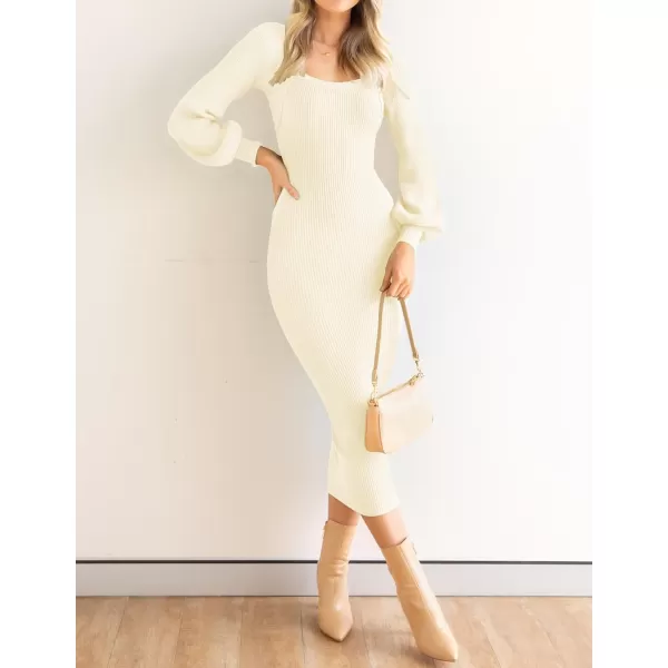 ZESICA Womens 2024 Square Neck Ribbed Knit Dress Puff Long Sleeve Slim Fit Bodycon Fall Winter Pullover Sweater DressIvory