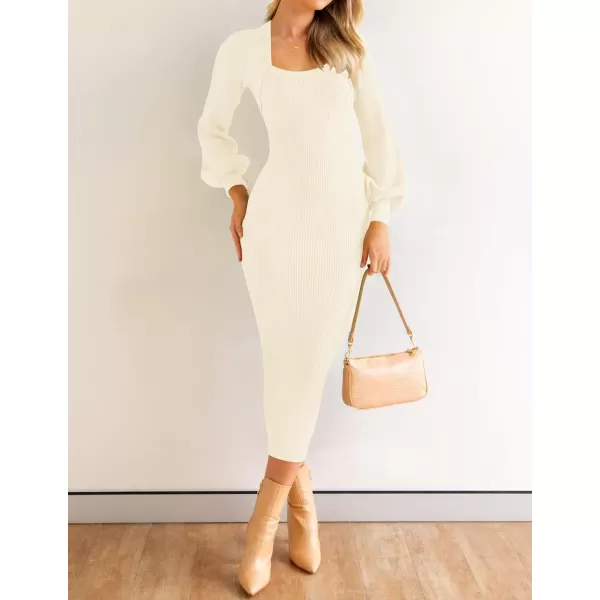 ZESICA Womens 2024 Square Neck Ribbed Knit Dress Puff Long Sleeve Slim Fit Bodycon Fall Winter Pullover Sweater DressIvory