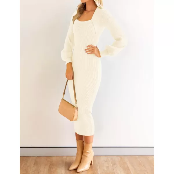 ZESICA Womens 2024 Square Neck Ribbed Knit Dress Puff Long Sleeve Slim Fit Bodycon Fall Winter Pullover Sweater DressIvory