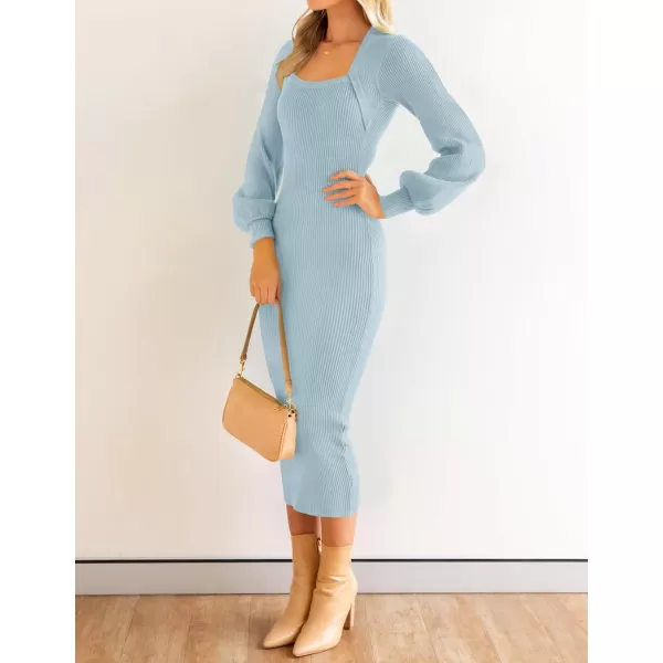 ZESICA Womens 2024 Square Neck Ribbed Knit Dress Puff Long Sleeve Slim Fit Bodycon Fall Winter Pullover Sweater DressLightblue