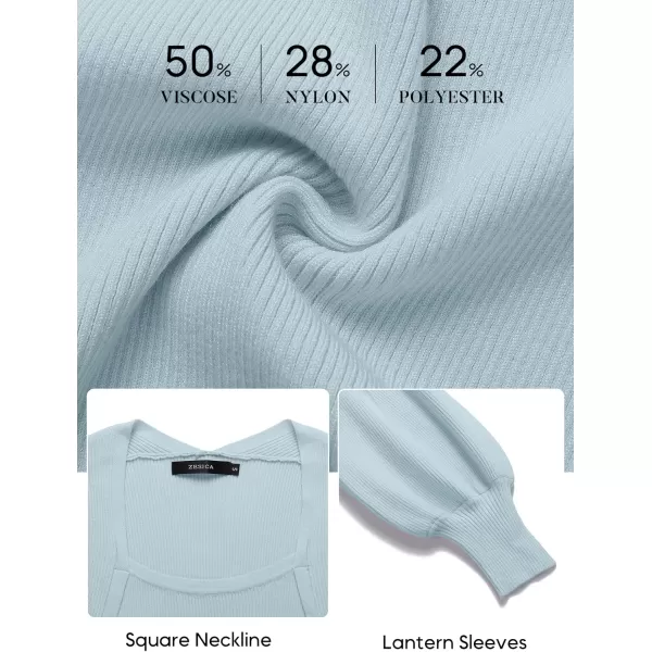 ZESICA Womens 2024 Square Neck Ribbed Knit Dress Puff Long Sleeve Slim Fit Bodycon Fall Winter Pullover Sweater DressLightblue