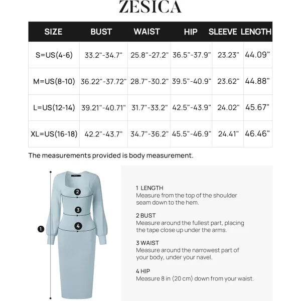ZESICA Womens 2024 Square Neck Ribbed Knit Dress Puff Long Sleeve Slim Fit Bodycon Fall Winter Pullover Sweater DressLightblue