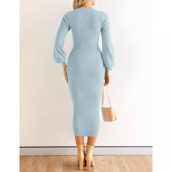 ZESICA Womens 2024 Square Neck Ribbed Knit Dress Puff Long Sleeve Slim Fit Bodycon Fall Winter Pullover Sweater DressLightblue