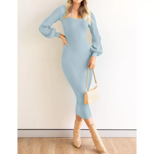 ZESICA Womens 2024 Square Neck Ribbed Knit Dress Puff Long Sleeve Slim Fit Bodycon Fall Winter Pullover Sweater DressLightblue