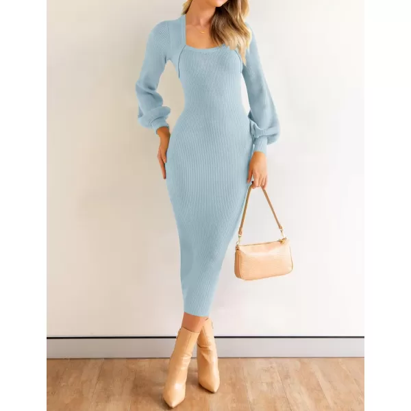 ZESICA Womens 2024 Square Neck Ribbed Knit Dress Puff Long Sleeve Slim Fit Bodycon Fall Winter Pullover Sweater DressLightblue