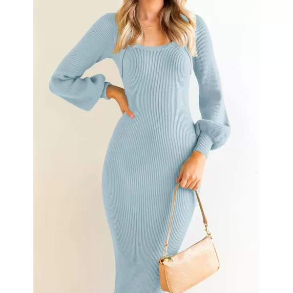 ZESICA Womens 2024 Square Neck Ribbed Knit Dress Puff Long Sleeve Slim Fit Bodycon Fall Winter Pullover Sweater DressLightblue
