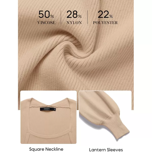 ZESICA Womens 2024 Square Neck Ribbed Knit Dress Puff Long Sleeve Slim Fit Bodycon Fall Winter Pullover Sweater DressLightkhaki