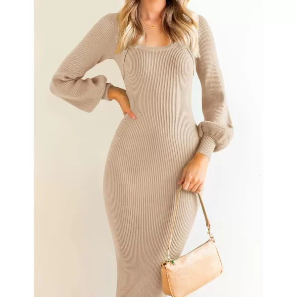 ZESICA Womens 2024 Square Neck Ribbed Knit Dress Puff Long Sleeve Slim Fit Bodycon Fall Winter Pullover Sweater DressLightkhaki