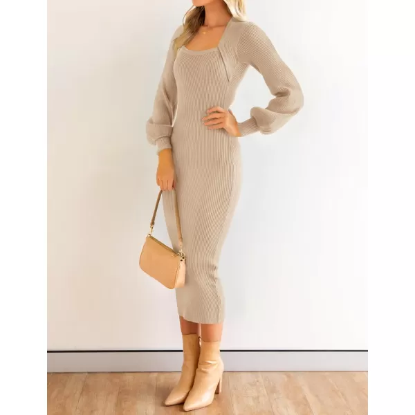 ZESICA Womens 2024 Square Neck Ribbed Knit Dress Puff Long Sleeve Slim Fit Bodycon Fall Winter Pullover Sweater DressLightkhaki