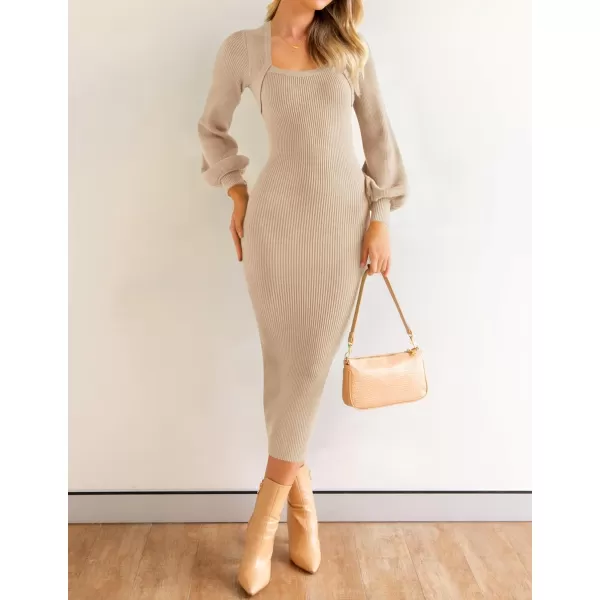 ZESICA Womens 2024 Square Neck Ribbed Knit Dress Puff Long Sleeve Slim Fit Bodycon Fall Winter Pullover Sweater DressLightkhaki
