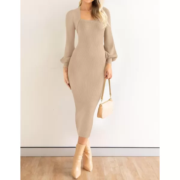 ZESICA Womens 2024 Square Neck Ribbed Knit Dress Puff Long Sleeve Slim Fit Bodycon Fall Winter Pullover Sweater DressLightkhaki