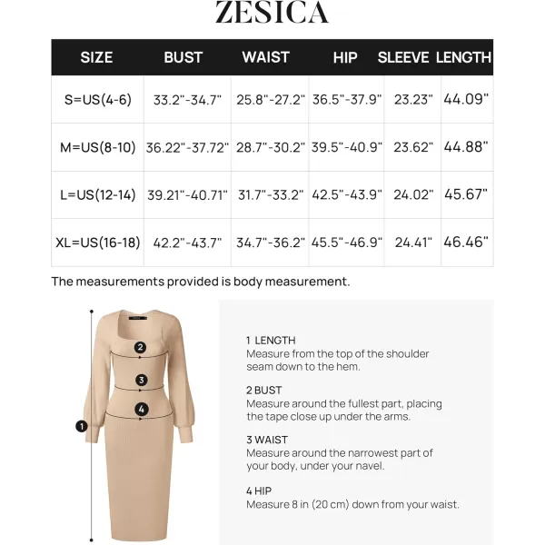 ZESICA Womens 2024 Square Neck Ribbed Knit Dress Puff Long Sleeve Slim Fit Bodycon Fall Winter Pullover Sweater DressLightkhaki