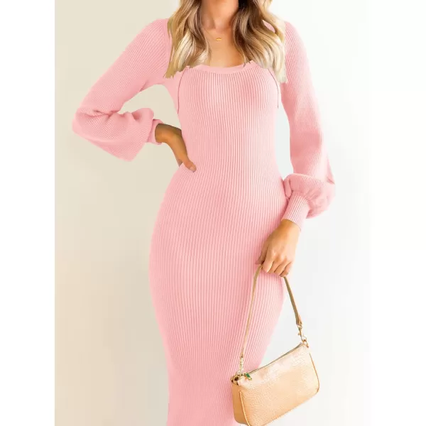 ZESICA Womens 2024 Square Neck Ribbed Knit Dress Puff Long Sleeve Slim Fit Bodycon Fall Winter Pullover Sweater DressLightpink
