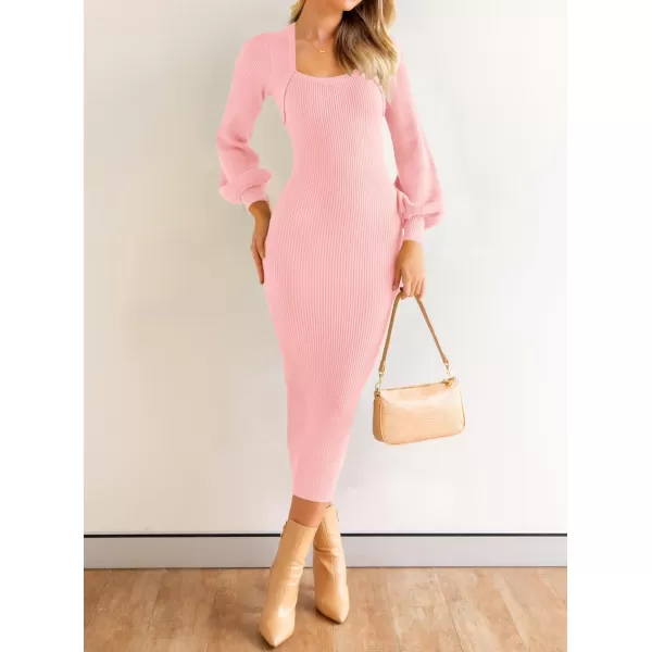 ZESICA Womens 2024 Square Neck Ribbed Knit Dress Puff Long Sleeve Slim Fit Bodycon Fall Winter Pullover Sweater DressLightpink