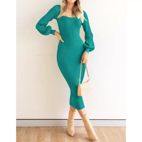 ZESICA Womens 2024 Square Neck Ribbed Knit Dress Puff Long Sleeve Slim Fit Bodycon Fall Winter Pullover Sweater DressPeacock