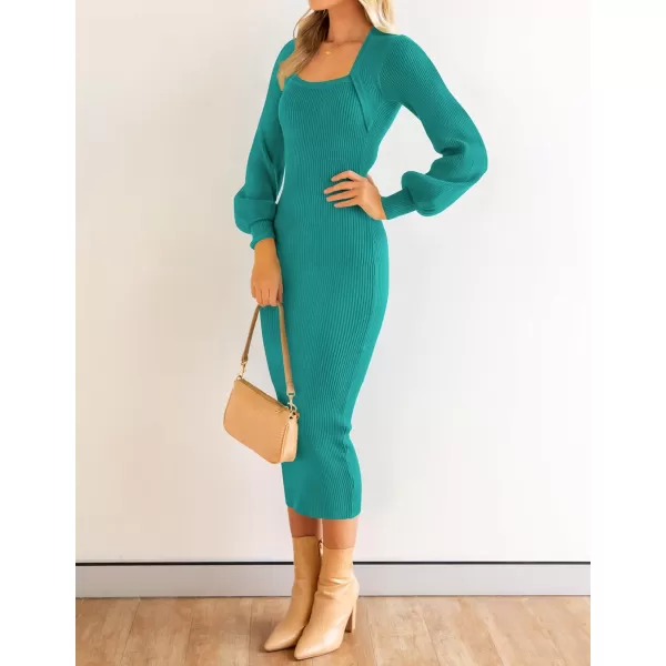 ZESICA Womens 2024 Square Neck Ribbed Knit Dress Puff Long Sleeve Slim Fit Bodycon Fall Winter Pullover Sweater DressPeacock