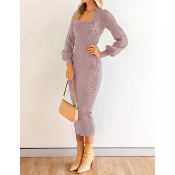 ZESICA Womens 2024 Square Neck Ribbed Knit Dress Puff Long Sleeve Slim Fit Bodycon Fall Winter Pullover Sweater DressPurple