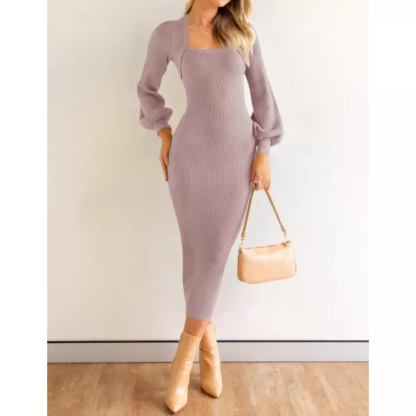 ZESICA Womens 2024 Square Neck Ribbed Knit Dress Puff Long Sleeve Slim Fit Bodycon Fall Winter Pullover Sweater DressPurple