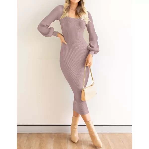 ZESICA Womens 2024 Square Neck Ribbed Knit Dress Puff Long Sleeve Slim Fit Bodycon Fall Winter Pullover Sweater DressPurple