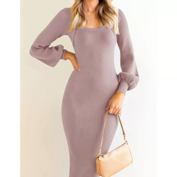 ZESICA Womens 2024 Square Neck Ribbed Knit Dress Puff Long Sleeve Slim Fit Bodycon Fall Winter Pullover Sweater DressPurple