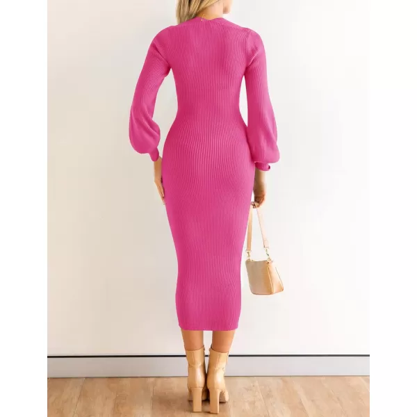 ZESICA Womens 2024 Square Neck Ribbed Knit Dress Puff Long Sleeve Slim Fit Bodycon Fall Winter Pullover Sweater DressRose