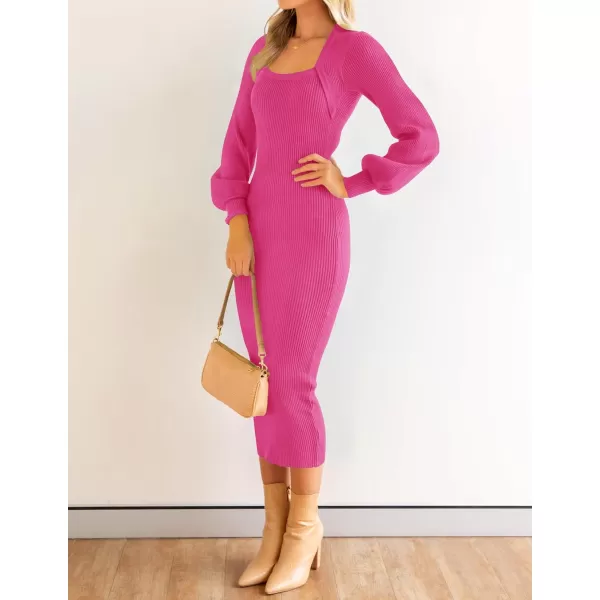 ZESICA Womens 2024 Square Neck Ribbed Knit Dress Puff Long Sleeve Slim Fit Bodycon Fall Winter Pullover Sweater DressRose