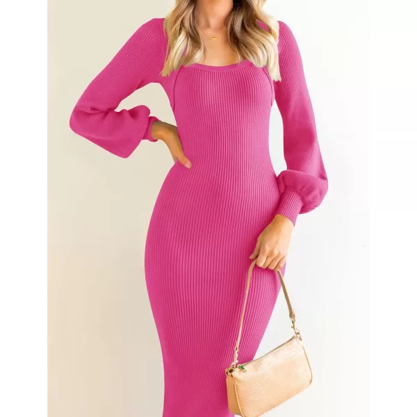ZESICA Womens 2024 Square Neck Ribbed Knit Dress Puff Long Sleeve Slim Fit Bodycon Fall Winter Pullover Sweater DressRose