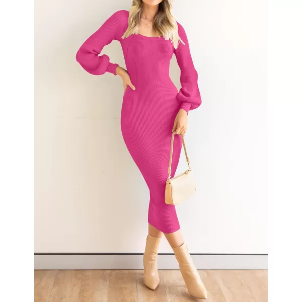 ZESICA Womens 2024 Square Neck Ribbed Knit Dress Puff Long Sleeve Slim Fit Bodycon Fall Winter Pullover Sweater DressRose