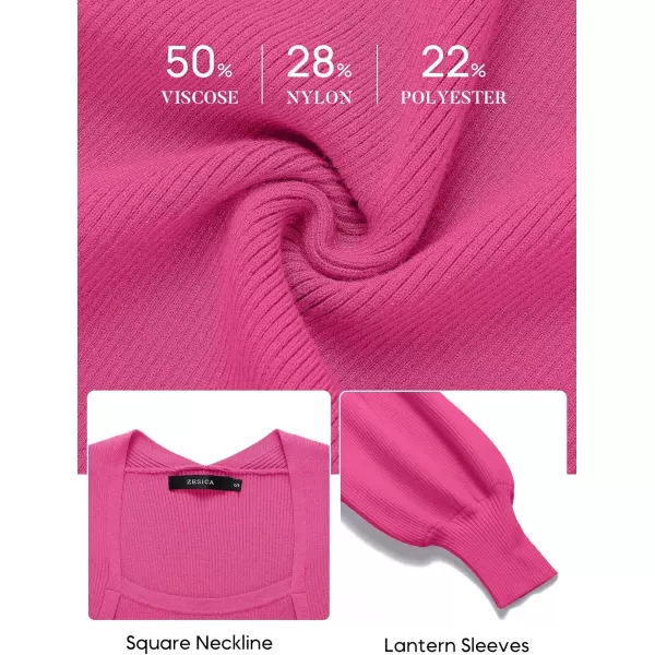 ZESICA Womens 2024 Square Neck Ribbed Knit Dress Puff Long Sleeve Slim Fit Bodycon Fall Winter Pullover Sweater DressRose