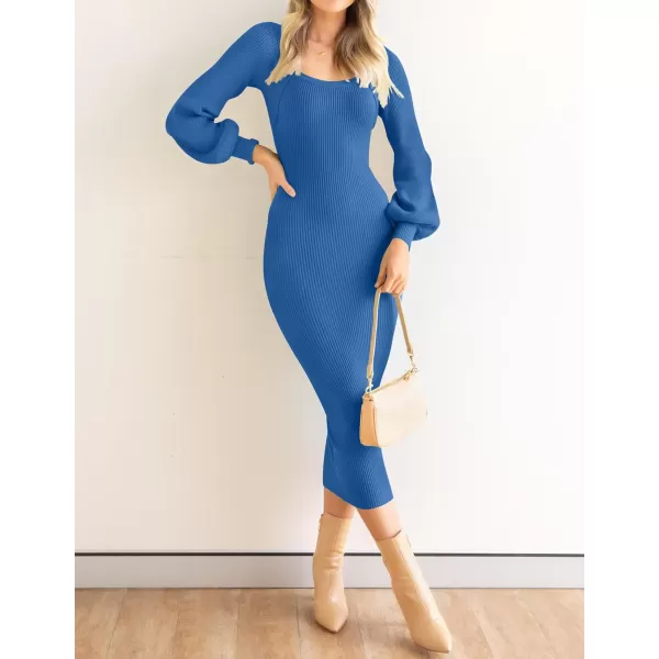 ZESICA Womens 2024 Square Neck Ribbed Knit Dress Puff Long Sleeve Slim Fit Bodycon Fall Winter Pullover Sweater DressRoyalblue