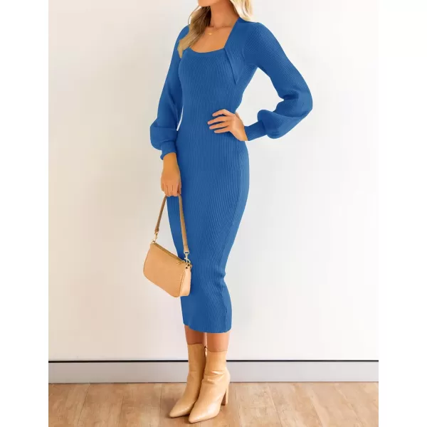 ZESICA Womens 2024 Square Neck Ribbed Knit Dress Puff Long Sleeve Slim Fit Bodycon Fall Winter Pullover Sweater DressRoyalblue