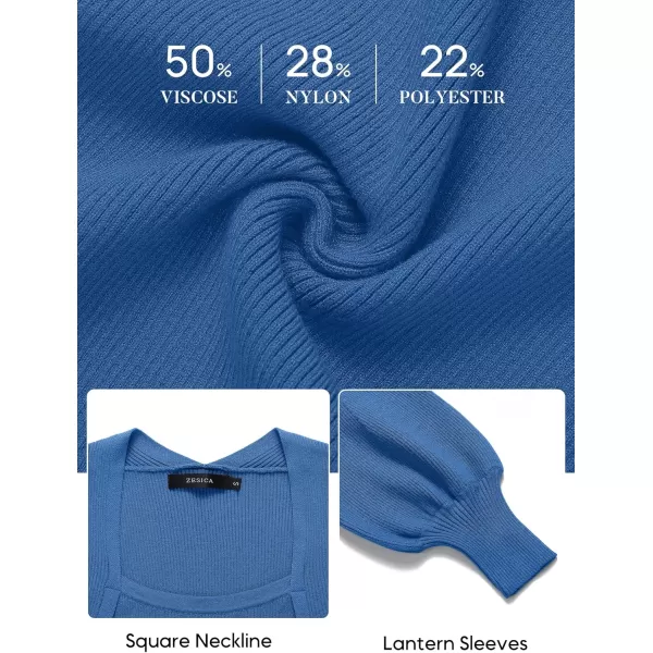 ZESICA Womens 2024 Square Neck Ribbed Knit Dress Puff Long Sleeve Slim Fit Bodycon Fall Winter Pullover Sweater DressRoyalblue
