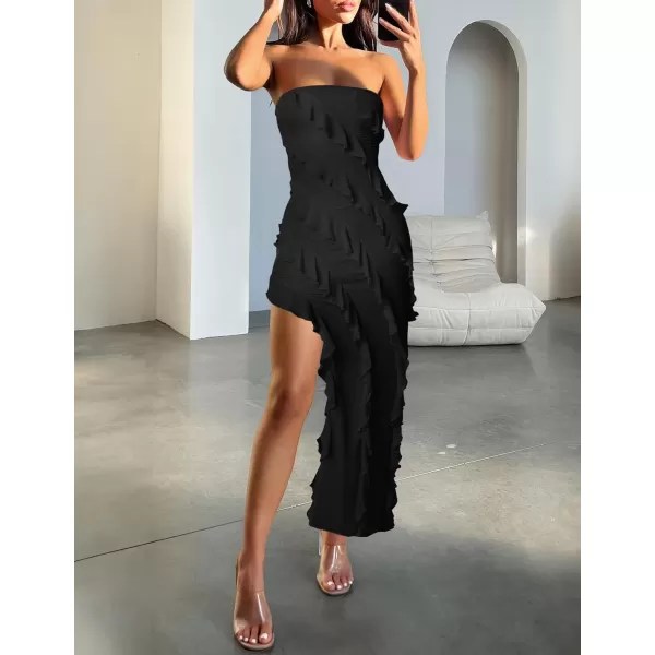 ZESICA Womens 2024 Strapless Bodycon Dress Sexy Off Shoulder Mesh Tassel Ruffle Side Split Tube Party Maxi DressesBlack