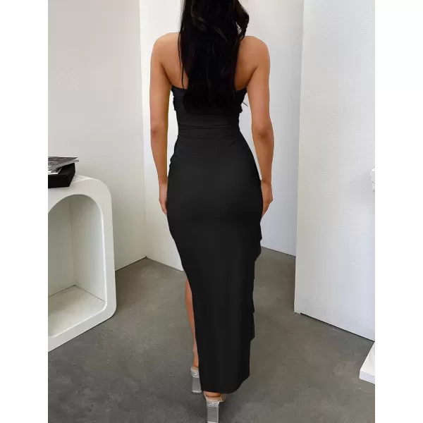 ZESICA Womens 2024 Strapless Bodycon Dress Sexy Off Shoulder Mesh Tassel Ruffle Side Split Tube Party Maxi DressesBlack