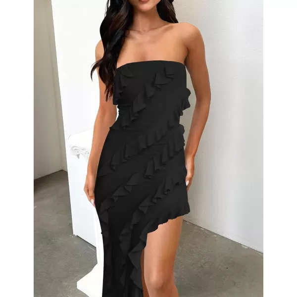 ZESICA Womens 2024 Strapless Bodycon Dress Sexy Off Shoulder Mesh Tassel Ruffle Side Split Tube Party Maxi DressesBlack