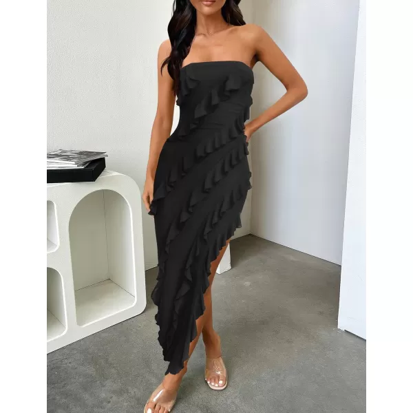 ZESICA Womens 2024 Strapless Bodycon Dress Sexy Off Shoulder Mesh Tassel Ruffle Side Split Tube Party Maxi DressesBlack