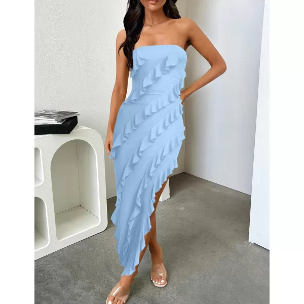 ZESICA Womens 2024 Strapless Bodycon Dress Sexy Off Shoulder Mesh Tassel Ruffle Side Split Tube Party Maxi DressesBlue