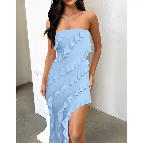 ZESICA Womens 2024 Strapless Bodycon Dress Sexy Off Shoulder Mesh Tassel Ruffle Side Split Tube Party Maxi DressesBlue