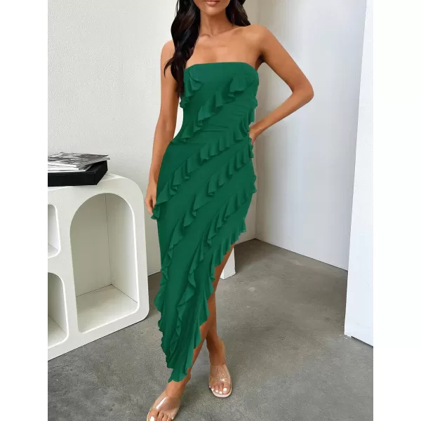 ZESICA Womens 2024 Strapless Bodycon Dress Sexy Off Shoulder Mesh Tassel Ruffle Side Split Tube Party Maxi DressesDark Green