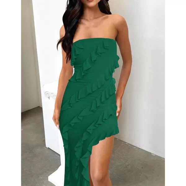 ZESICA Womens 2024 Strapless Bodycon Dress Sexy Off Shoulder Mesh Tassel Ruffle Side Split Tube Party Maxi DressesDark Green