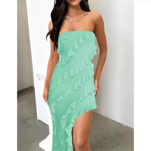 ZESICA Womens 2024 Strapless Bodycon Dress Sexy Off Shoulder Mesh Tassel Ruffle Side Split Tube Party Maxi DressesMint