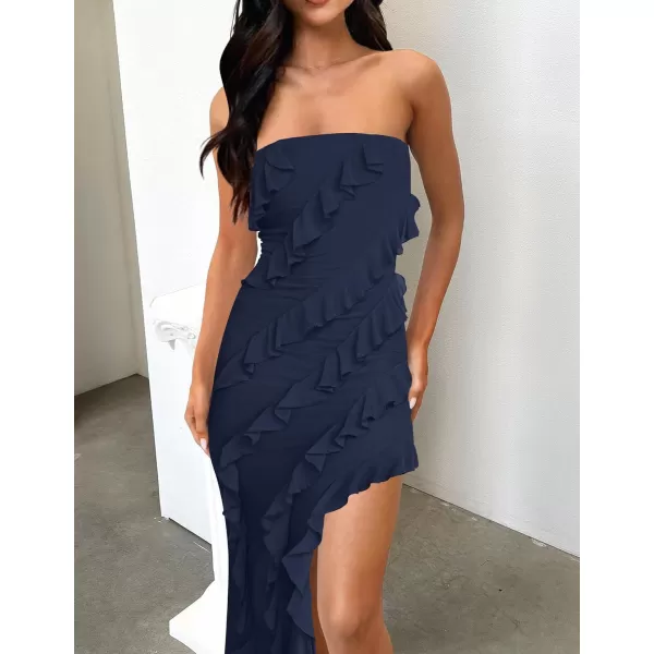 ZESICA Womens 2024 Strapless Bodycon Dress Sexy Off Shoulder Mesh Tassel Ruffle Side Split Tube Party Maxi DressesNavy