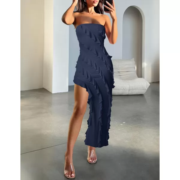 ZESICA Womens 2024 Strapless Bodycon Dress Sexy Off Shoulder Mesh Tassel Ruffle Side Split Tube Party Maxi DressesNavy