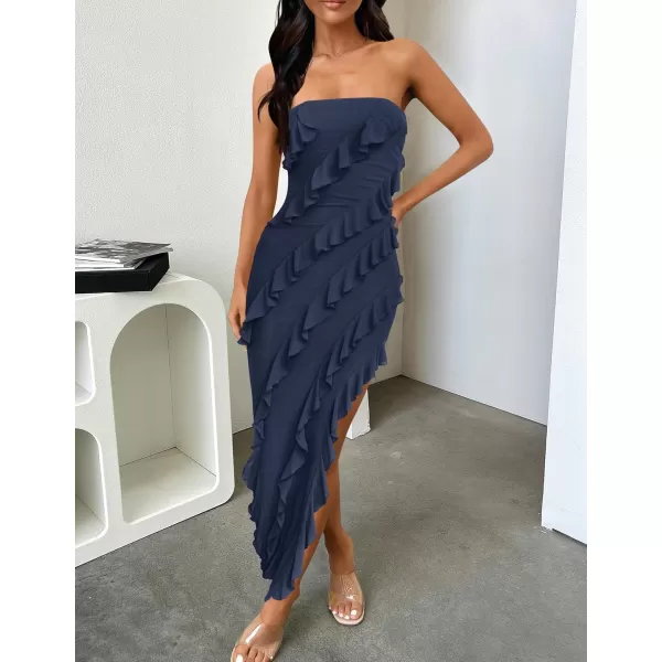 ZESICA Womens 2024 Strapless Bodycon Dress Sexy Off Shoulder Mesh Tassel Ruffle Side Split Tube Party Maxi DressesNavy