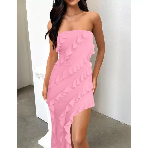ZESICA Womens 2024 Strapless Bodycon Dress Sexy Off Shoulder Mesh Tassel Ruffle Side Split Tube Party Maxi DressesPink