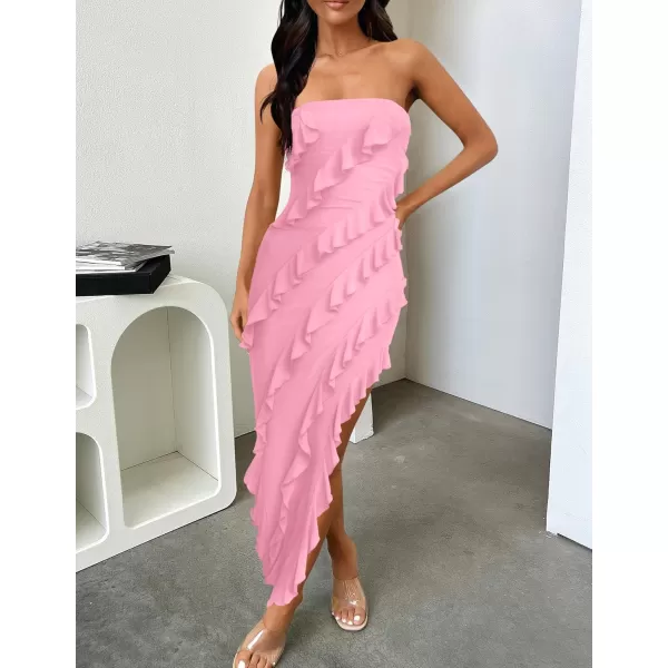 ZESICA Womens 2024 Strapless Bodycon Dress Sexy Off Shoulder Mesh Tassel Ruffle Side Split Tube Party Maxi DressesPink