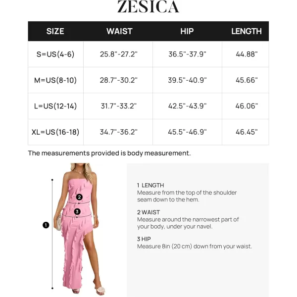 ZESICA Womens 2024 Strapless Bodycon Dress Sexy Off Shoulder Mesh Tassel Ruffle Side Split Tube Party Maxi DressesPink